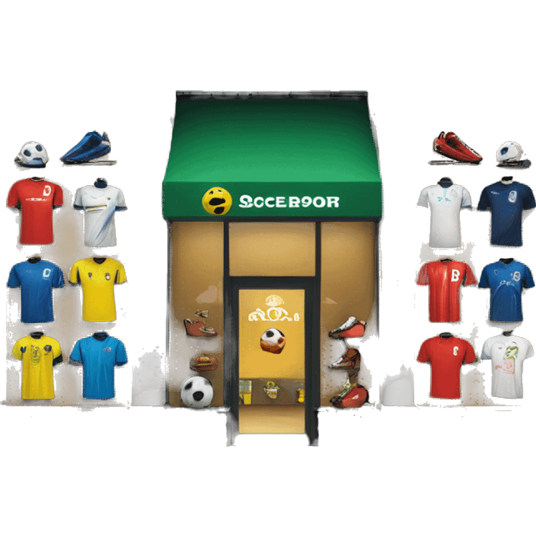 “Soccer store exterior with bold signage, large windows showcasing football gear, jerseys, and accessories, and a dynamic, athletic design reflecting the energy of the sport.” emoji