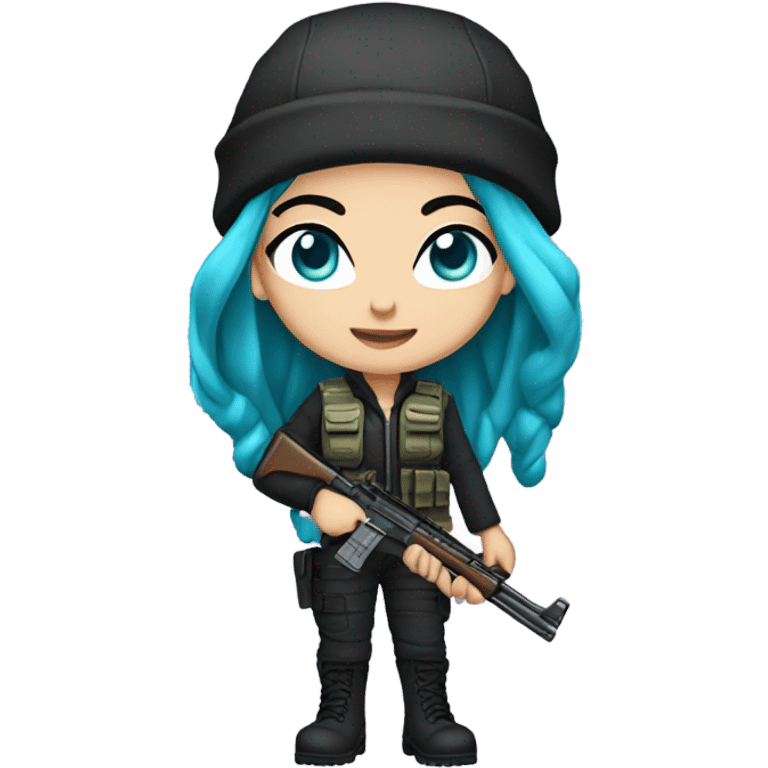 Girl, white skin, tactical vest, dark pants, long teal hair, blue eyes, purple beanie hat, gun, black combat boots emoji