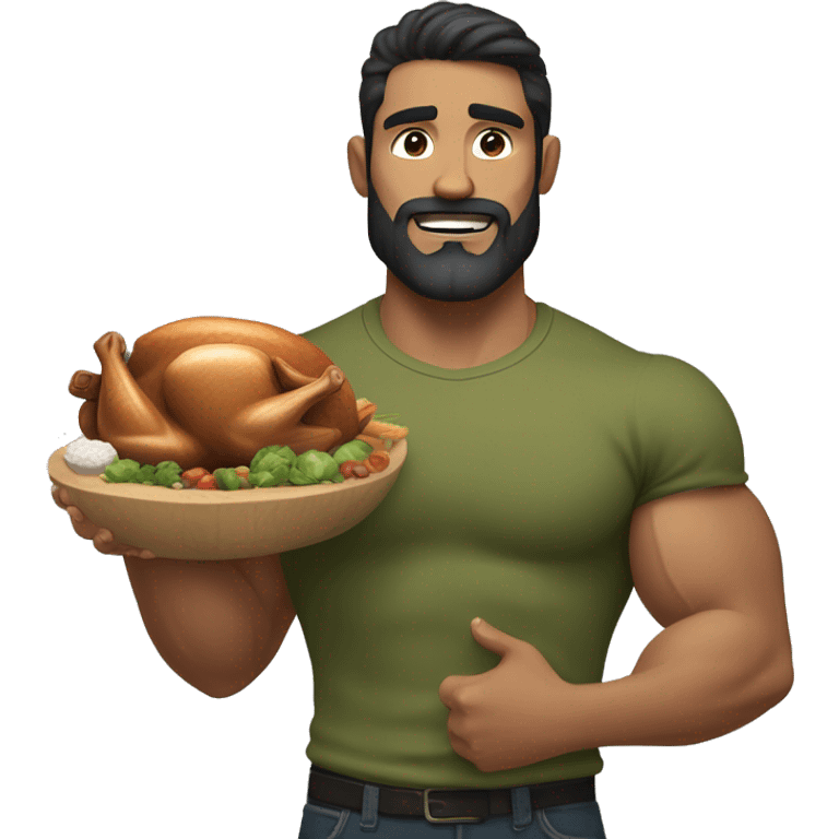 muscular man with dark hair. Little salt and pepper beard. Making a muscle with his left arm, holding a turkey In a olive green shirt emoji