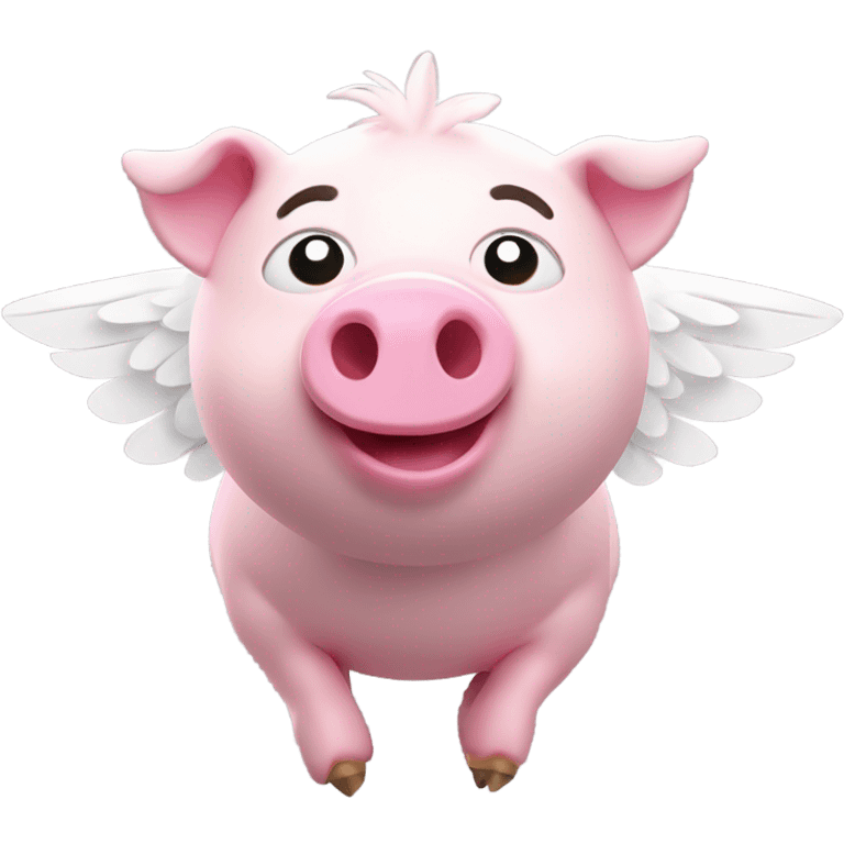 Emoji of a flying pig. Pink body with round belly. Large, exaggerated white wings. Soft feather details. Cute. Enlarged head in cartoon style. Head turned towards viewer. 3d lighting. No cast shadows  emoji