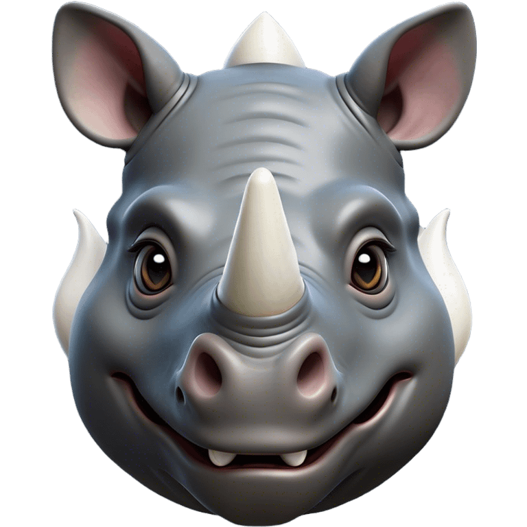 Cinematic Comical Rhinoceros Portrait Emoji, Head tilted dramatically with an exaggeratedly amused expression, featuring a striking, glossy slate-gray hide with a boldly textured white horn, wide, expressive eyes filled with playful disbelief, Simplified yet hilariously expressive features, highly detailed, glowing with a slightly sassy glow, high shine, dramatic yet playful, stylized with an air of cheeky wild mischief, bright and endearing, soft glowing outline, capturing the essence of a spirited and over-the-top rhinoceros, so meme-worthy it feels like it could charge its way into internet fame instantly! emoji