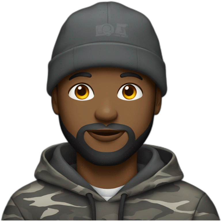 black man with a beard, gray camo hat, black pullover  hoodie emoji