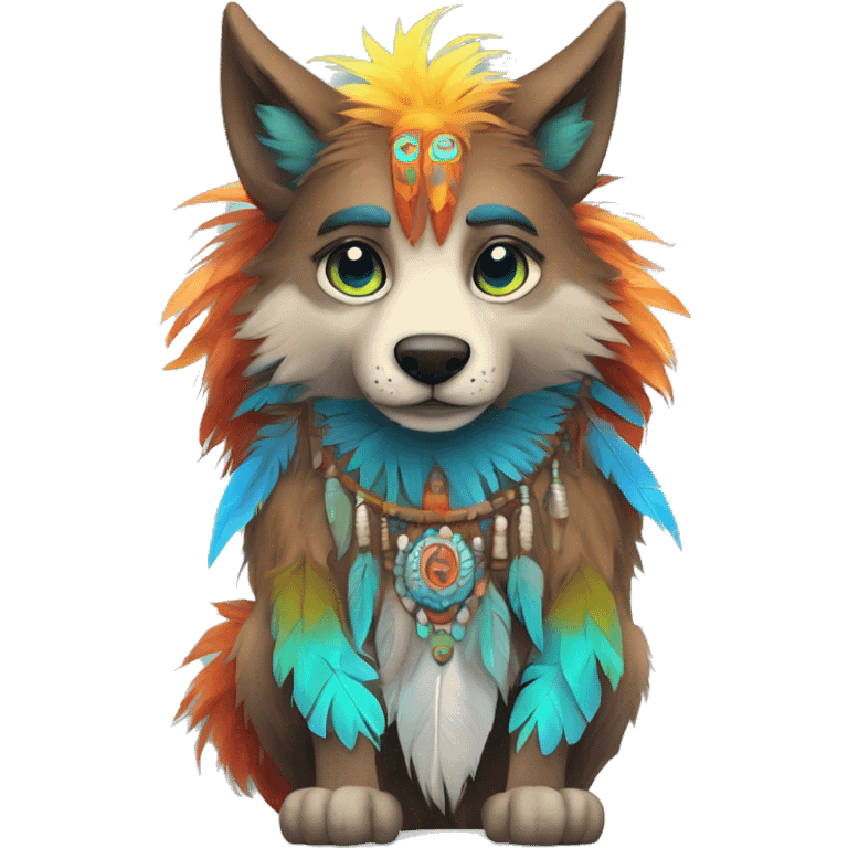 Anthro Fluffy Colorful Shy Spiritual Shamanic WereWolf With Shiny Tribal Markings wearing feathers Full Body emoji