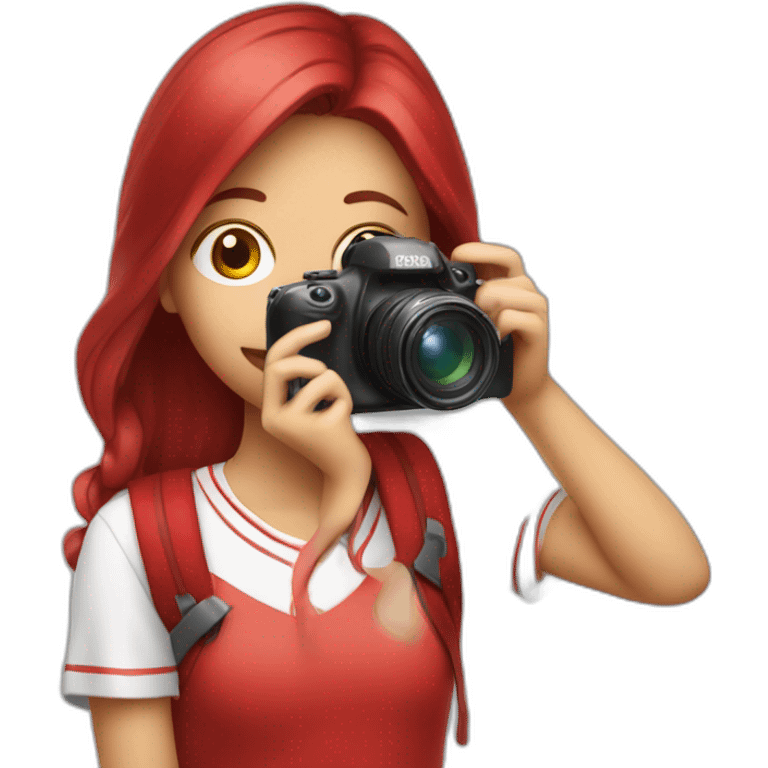 read headed girl (colour red) student taking picture with camera emoji