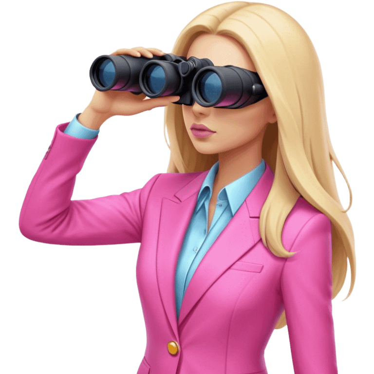 futuristic-looking woman with long hair in an intensive color pink suit looking through binoculars, viewed from an angled perspective. emoji