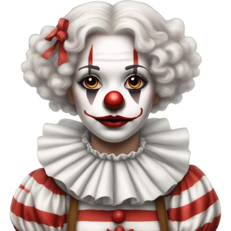 Really Sad Old fashioned girl clown in fluffy collar with clown makeup in a white and red striped clown outfit  emoji