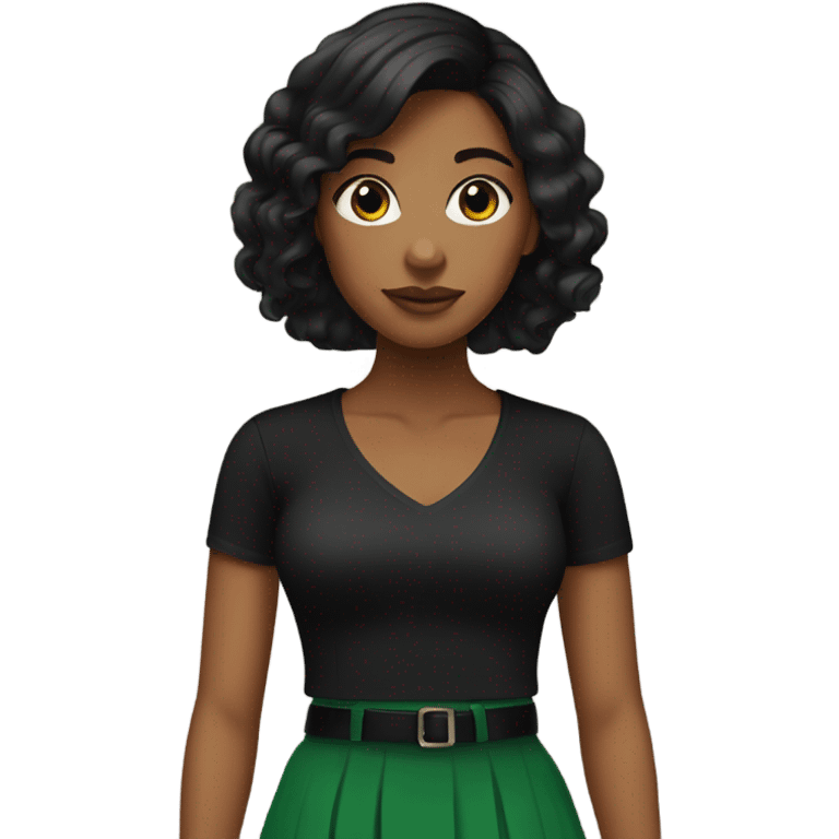 Brown girl with black hair with black shirt green skirt and black heels emoji