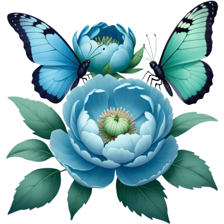 A soft pastel-toned painting of blue peonies and a green butterfly, inspired by vintage floral art. emoji