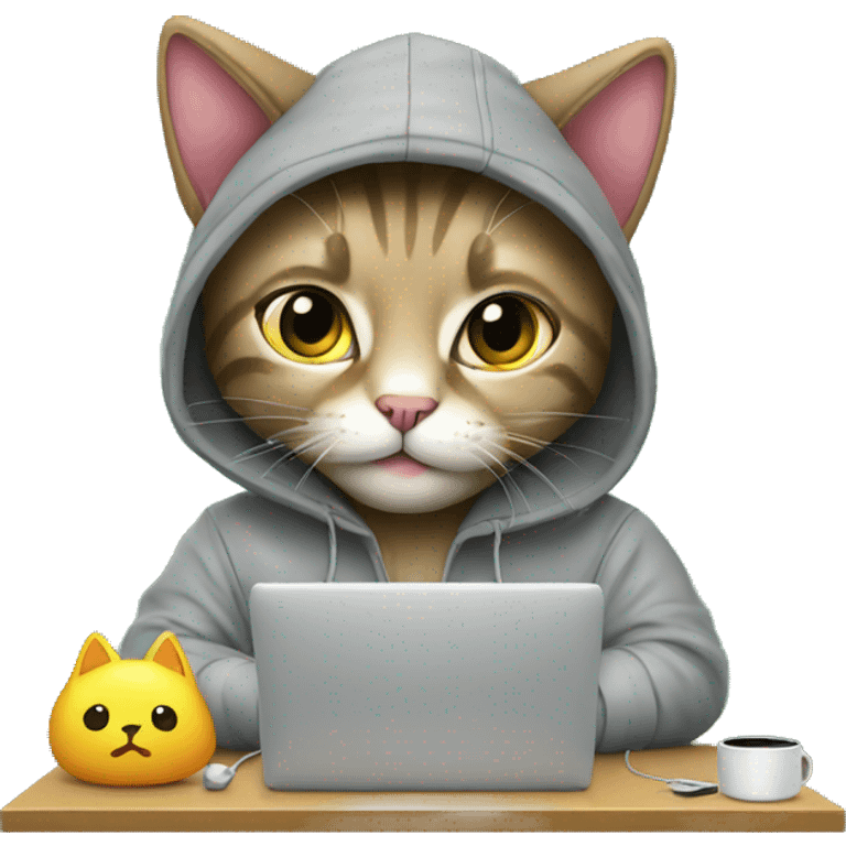 cat is a graphic designer in a hoodie and headphones, working at a computer in photoshop emoji