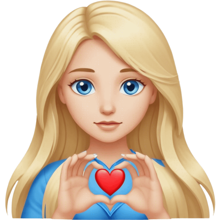 Cinematic realistic blonde with long hair and blue eyes shows her heart with her hands emoji