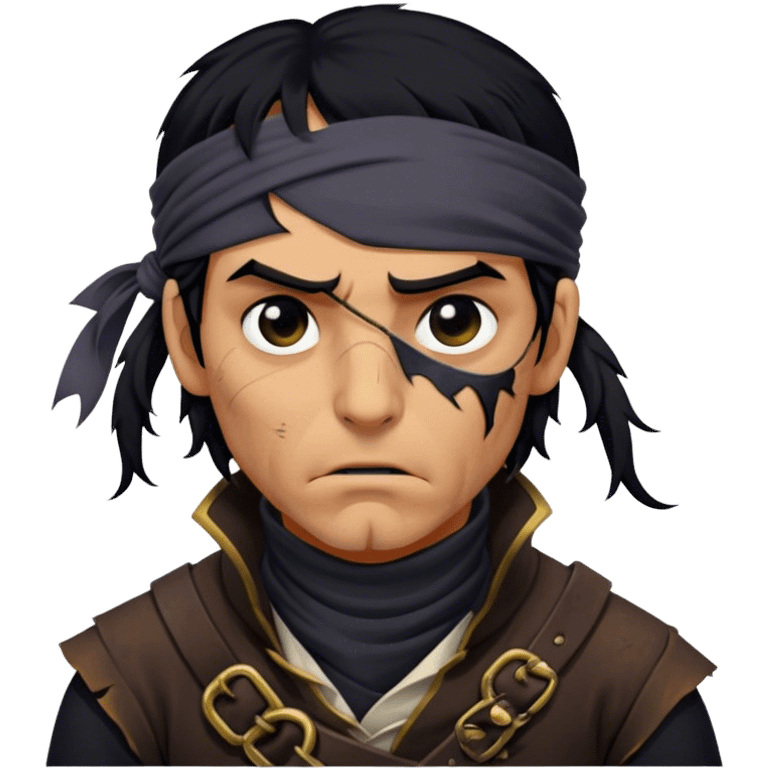 A battle-worn pirate with tangled black hair, a torn eye patch, and a deep scar running down his cheekturtleneck, staring blankly at the viewer emoji