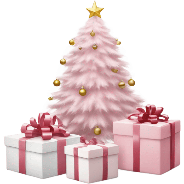 Light pink Christmas gifts under a white Christmas tree  emoji