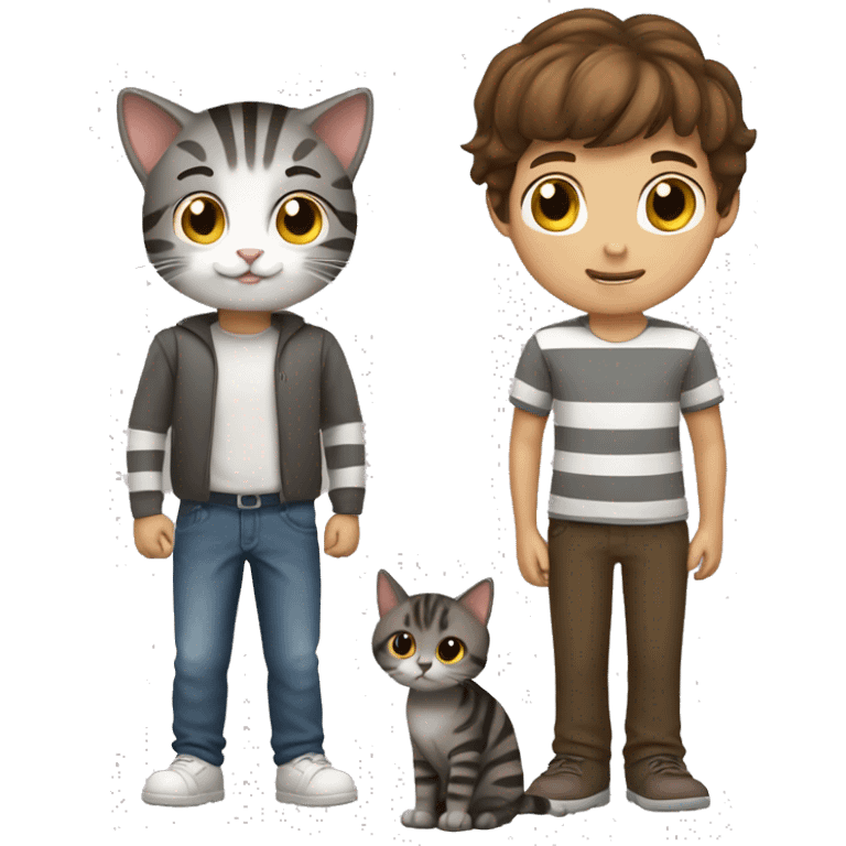 Brown haired boy and grey striped cat emoji