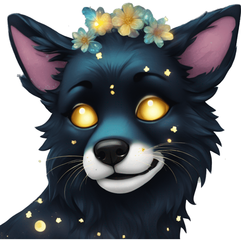 Black iridescent dog fox face head zombie skeleton gold mechanical nebula galaxy stars flowers fairy lights vintage emoji