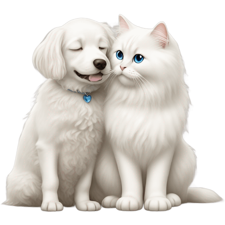 White doodle dog kissing a white ragdoll cat emoji