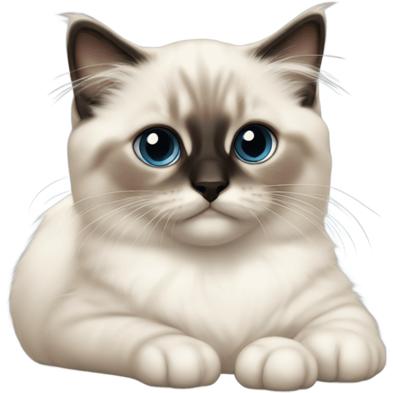 an entire birman kitten, laying down relaxed on a shoulder.  thin face, spots of dark on the ears and middle of the face. emoji