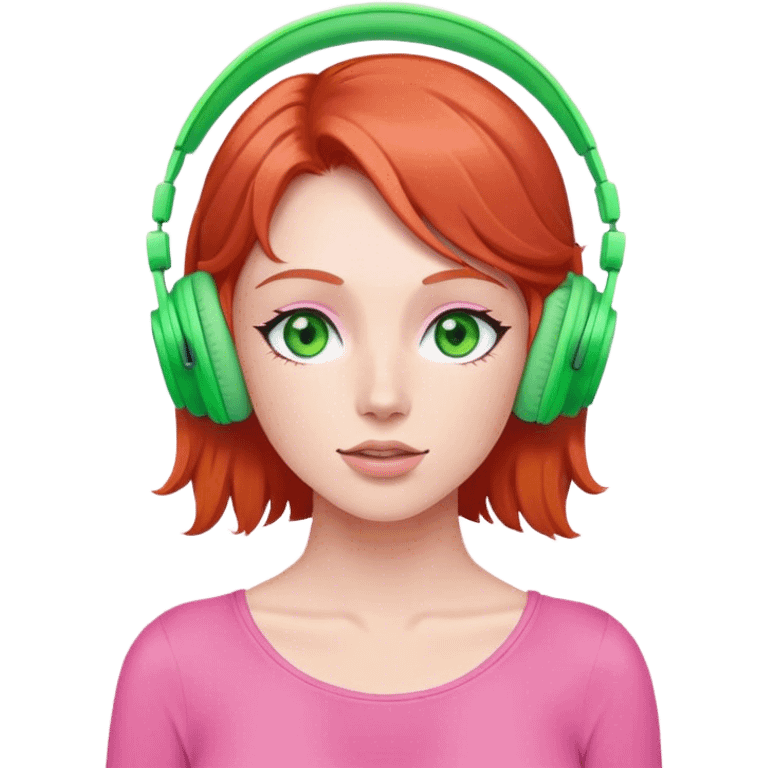 Red head with green eyes listening to music on pink wireless headphones  emoji