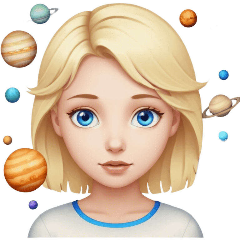 A blonde girl with blue eyes with many planets around her emoji