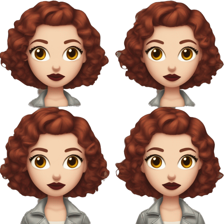 Girl with very pale skin, true red curly short hair with a side part, heavy cat-eye makeup, long eyelashes, dark maroon blush and lipstick.  Her eyebrows are dark, arched and very high.  Hazel eyes. Big lips. Thin. Wearing a leather jacket  emoji