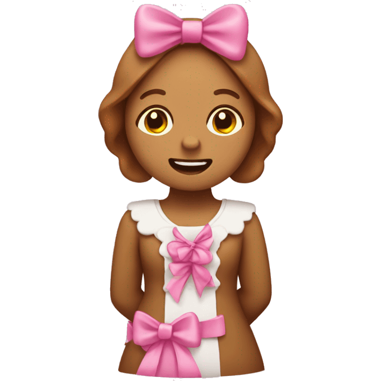 A gingerbread girl with brown and pink bows emoji