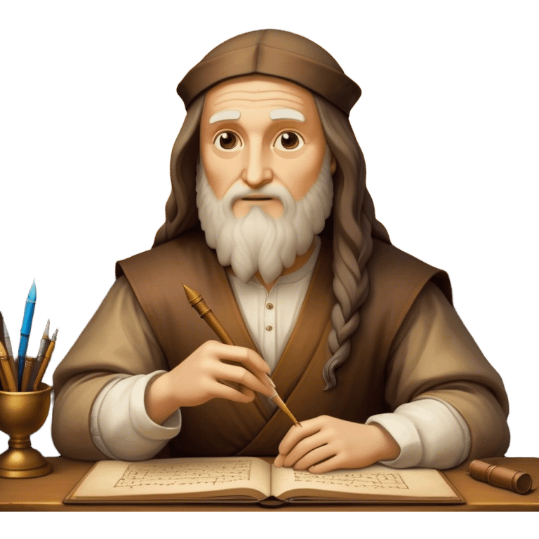 Cinematic Realistic Leonardo da Vinci Portrait Emoji, depicted as the quintessential Renaissance polymath with deep, thoughtful eyes, a flowing beard, and a quill or sketchbook in hand. The scene is illuminated with warm, classical lighting, evoking the atmosphere of a master artist’s workshop, surrounded by early sketches of inventions and masterpieces like the Mona Lisa. emoji