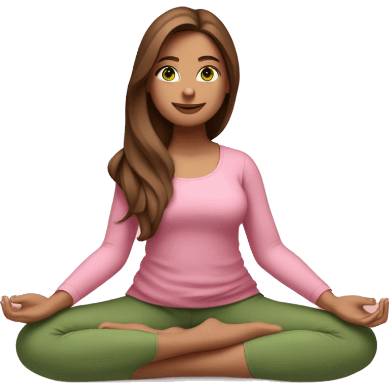 A girl with brown long hair, fair skin and green eyes is meditating in a relaxed lotus position in a comfortable pink top and pink leggings emoji