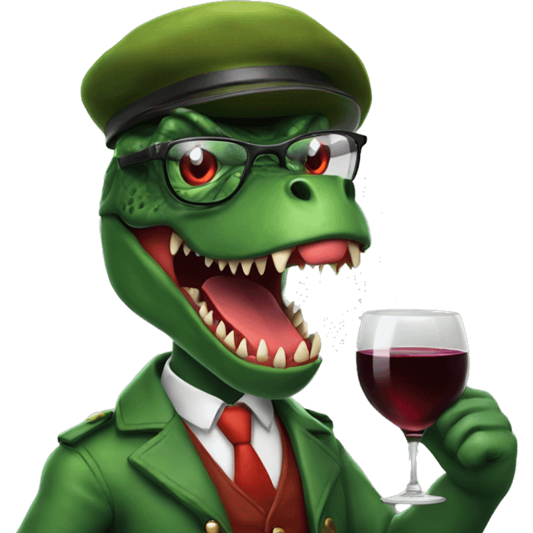 Angry Green Trex wearing red beret and eyeglasses holding red wineglass  emoji