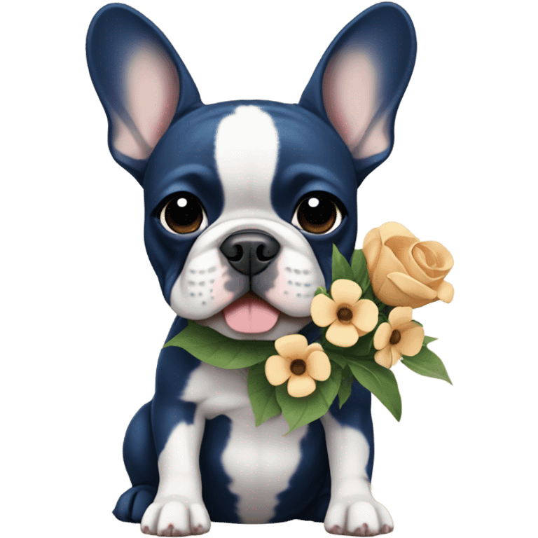 dark blue and tan french bulldog holding flowers emoji