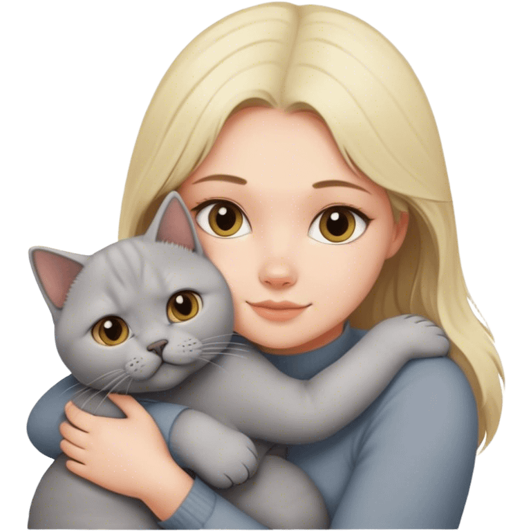 Blonde girl hugging her grey British cat emoji