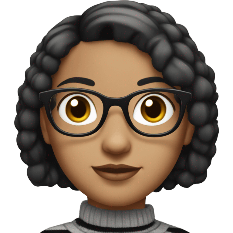 Girl with black short hair. She wears grey and black line sweater. She wear brown leopard glass  emoji