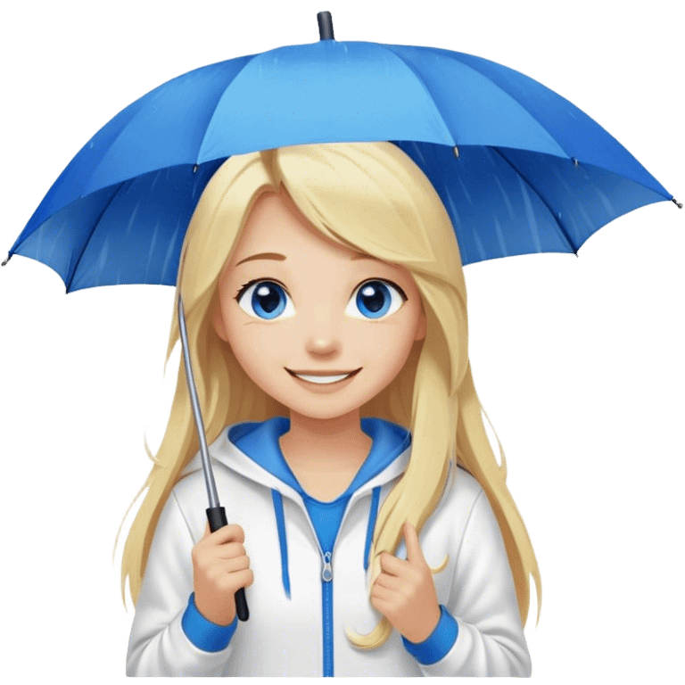 Cinematic realistic emojis in the form of a blonde girl with a joyful smile, long hair, blue eyes, wearing a white hoodie, holding an umbrella over her from the rain emoji