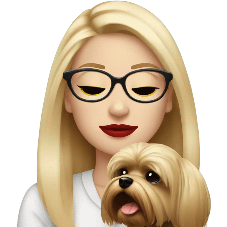 White girl, blonde hair, eyes closed, red lipstick wearing glasses hugs Yorkshire terrier  emoji