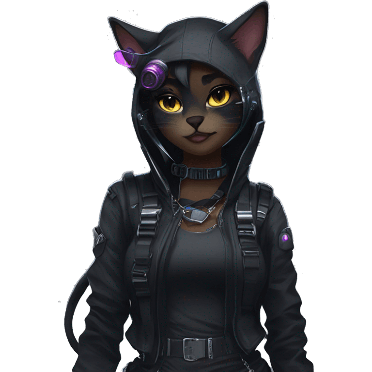 Gorgeous dark techwear cyberpunk style sona anthro cat, aesthetic, and pretty edgy black with collar and harness, trending style emoji