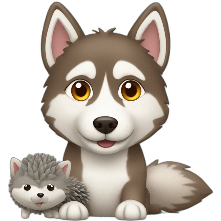 Brown husky with small gray hedgehog toy emoji