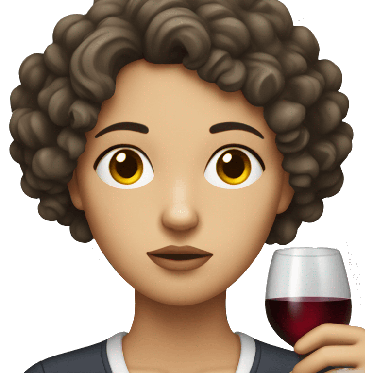 Sad White Woman with curly dark brown hair drinking wine emoji