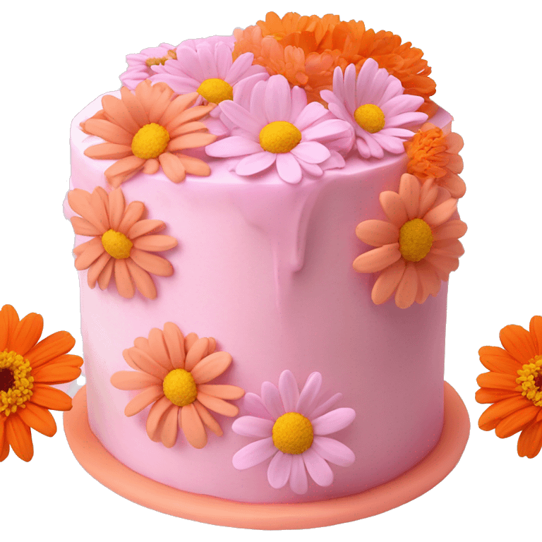 pastel pink and orange birthday cake with light pink mums and cosmos and zinnias on top with orange centers emoji