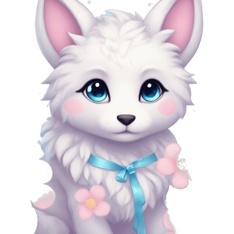 Anthro Cute Cool Blushing Pastel Innocent Shy Kawaii gorgeous sparkly ethereal fantasy anime animal creature with blue eyes furry sona with flowers and ribbons beautiful aesthetic emoji