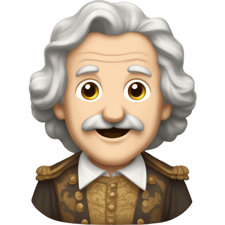 Short pudgy old man over enthusiastic happy excited face bald forehead long wavy gray and brown brunette long wavy hair moustache Shakespearean dress vintage clothes hamlet small arms emoji