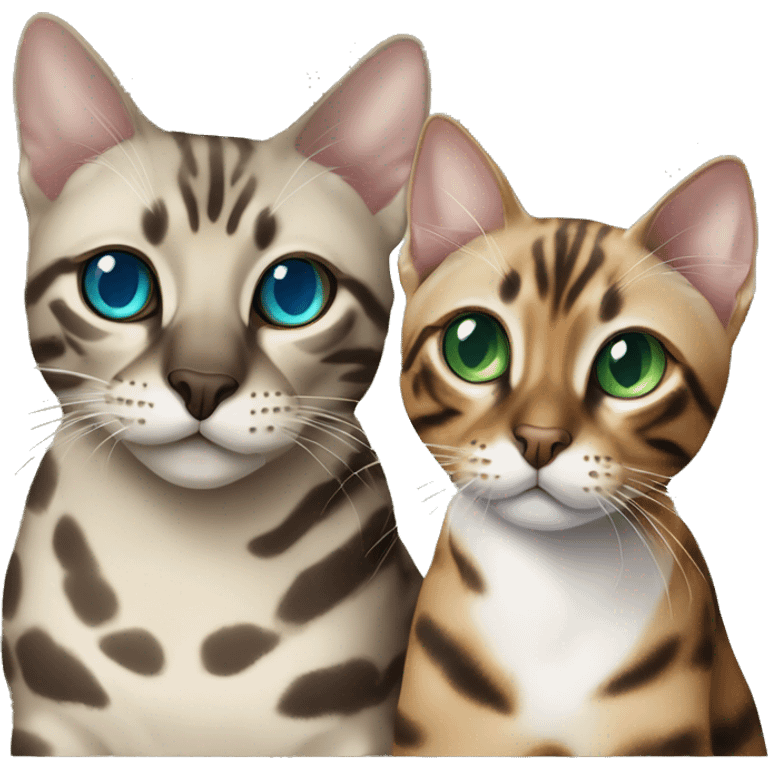 Seal Bengal cat with Blue eyes + charcoal Sepia bengal cat with Green eyes sit Next to each other  emoji