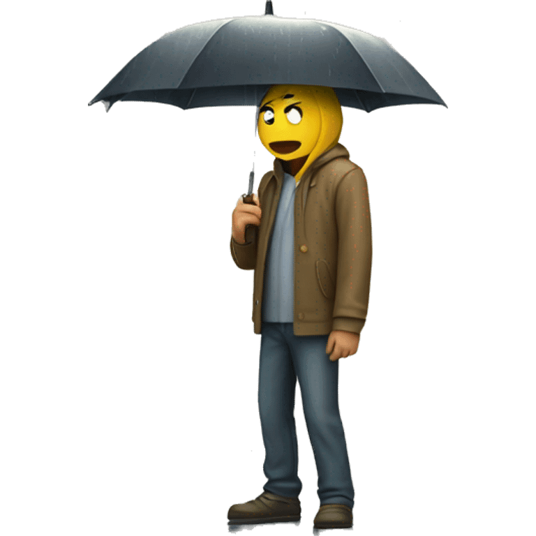 Sad Guy standing against wall holding umbrella  in pouring rain  emoji