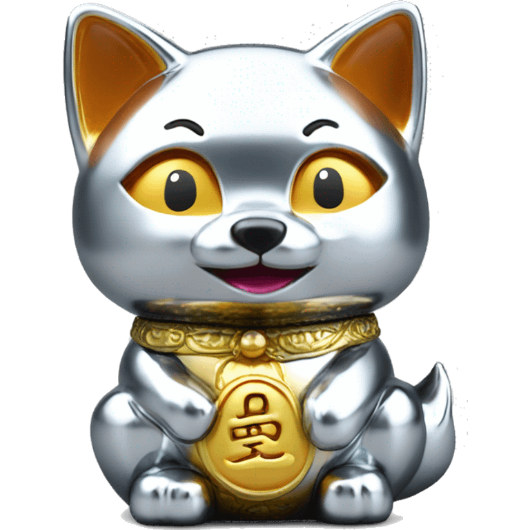 fully chrome fox statue in the form of maneki neko emoji