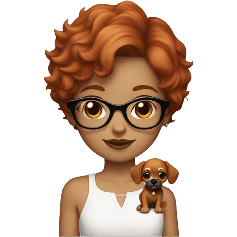 red-haired girl short hair and black glasses holding a Cavalier puppy emoji