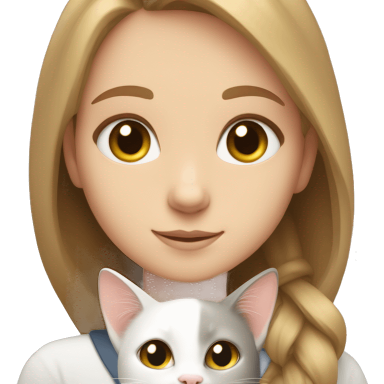 A girl with light brown hair and gray eyes hugs a white cat emoji