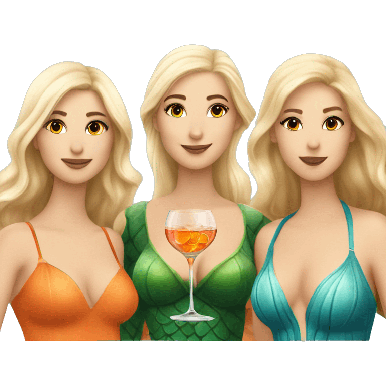 Three beautiful mermaids (one blond and two brown hair) drinking aperol spritz emoji