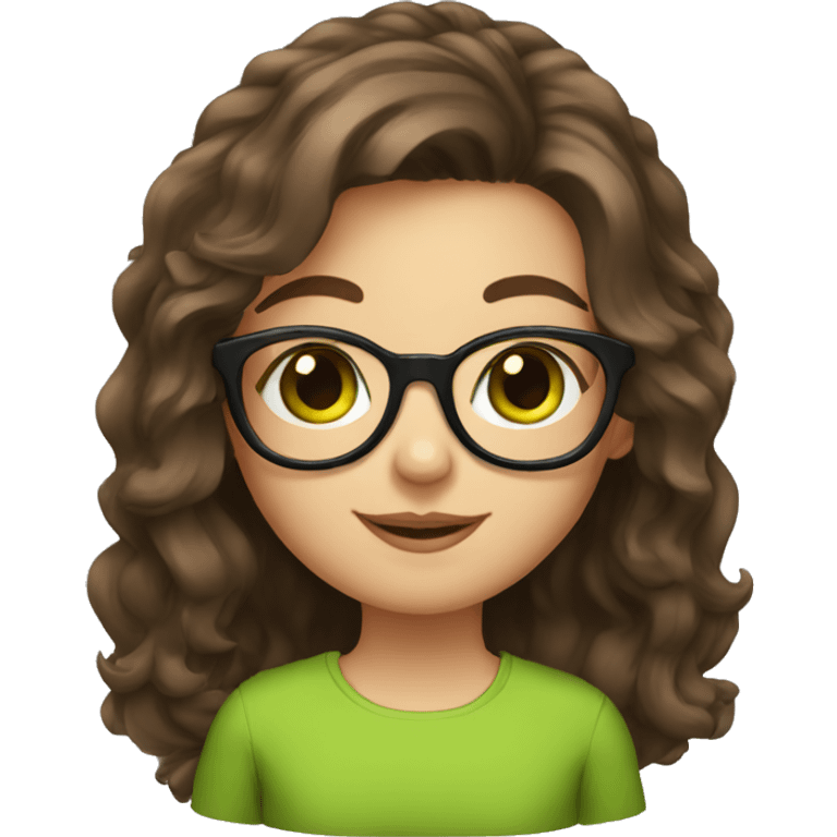 Girl, medium length brown hair,  green eyes, fun glasses emoji