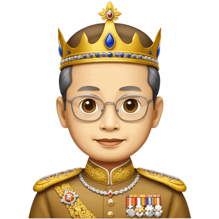 Cinematic Realistic King Bhumibol Adulyadej Portrait Emoji, depicted as a revered Thai monarch with a dignified expression and traditional royal attire, rendered with lifelike textures and soft regal lighting that captures his lasting legacy. emoji