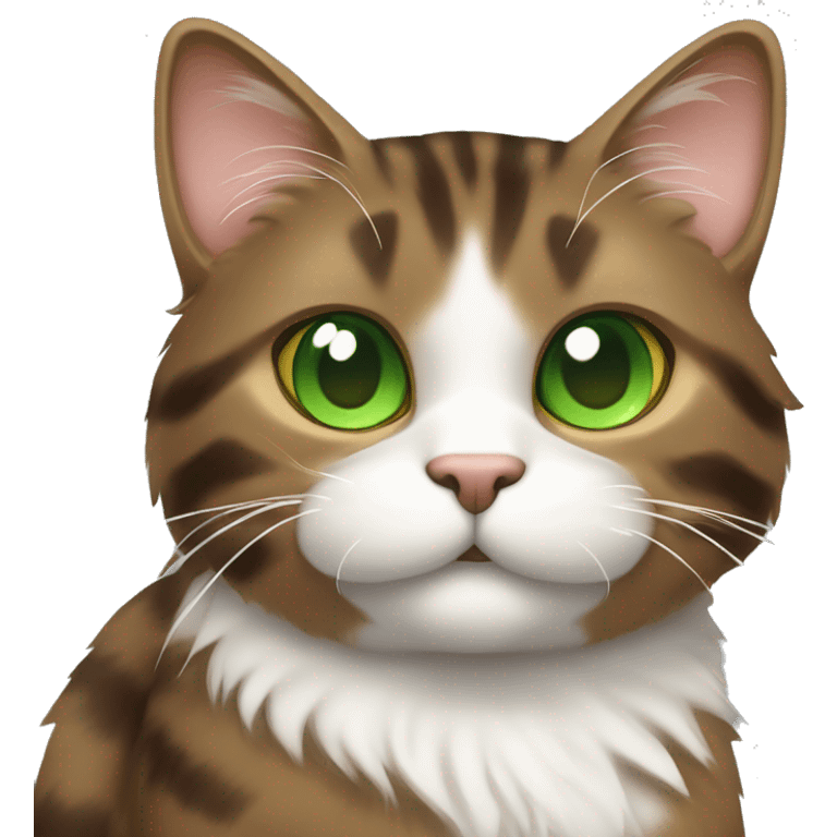 Cheeky fluffy brown tabby cat with white nose and green eyes  emoji