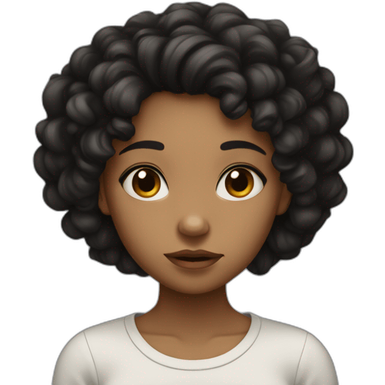 A girl with black curly hair, sad emoji