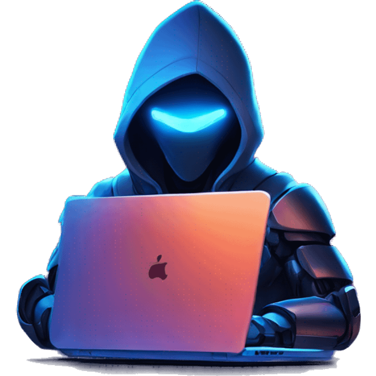 Side view developer robot behind his laptop with this style : Riot Games Valorant neon glowing bright blue character blue black hooded assassin themed character emoji