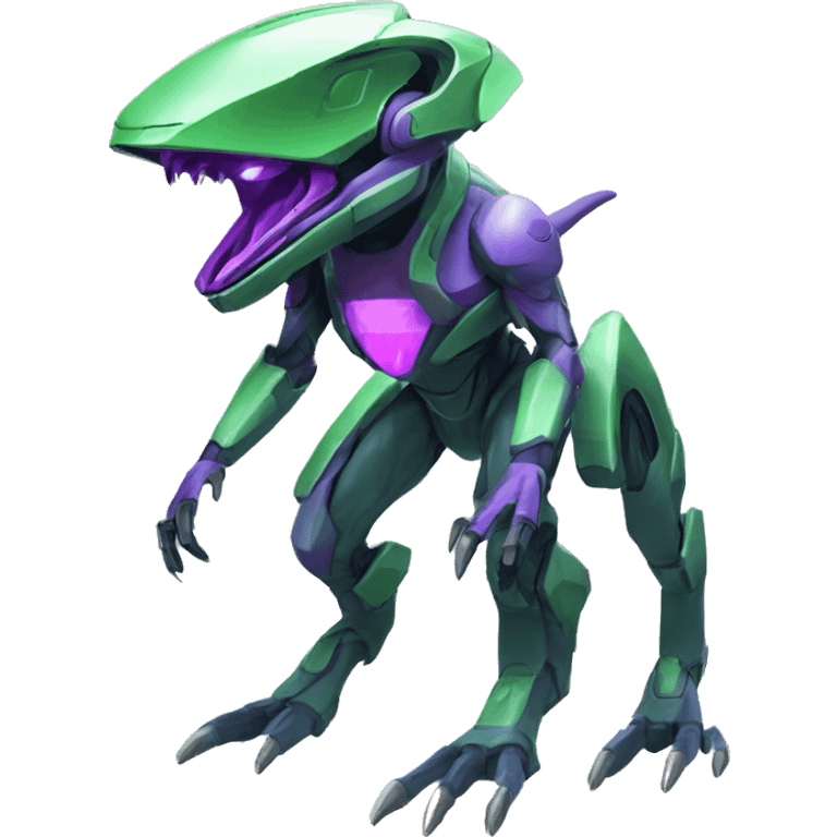 a purple-green Genesect-Raptor-Fakémon—hybrid with a futuristic visor-helmet full body emoji